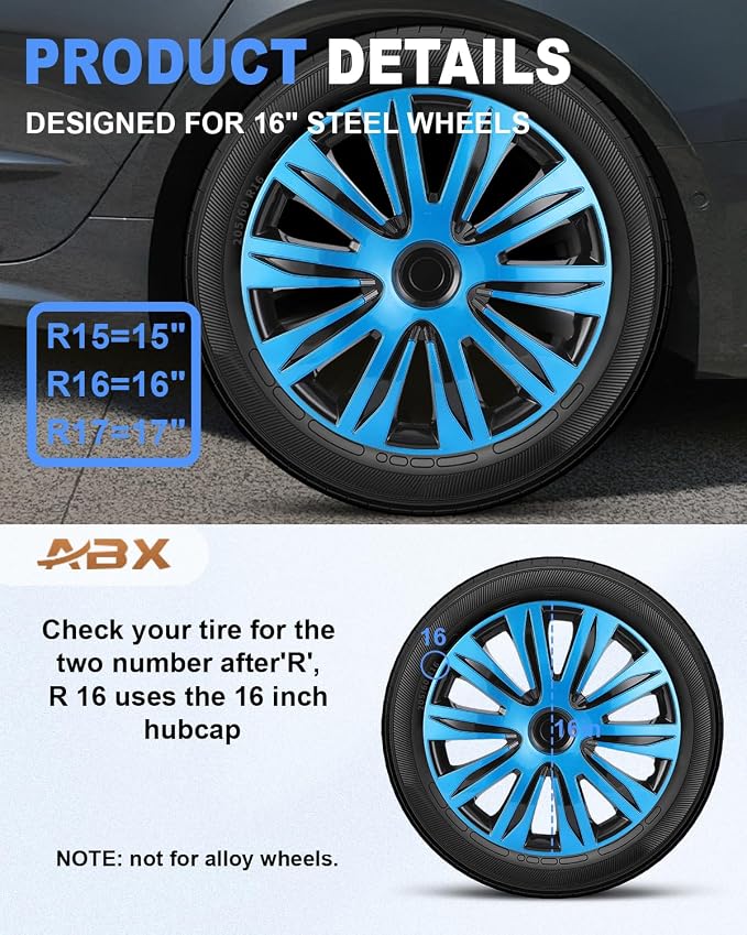 Hubcap Wheel Covers Hub Caps 16 Inch Set of 4 Black & Blue Universal Wheel Rim Cover R16 Stylish Car Decor Wheel Covers