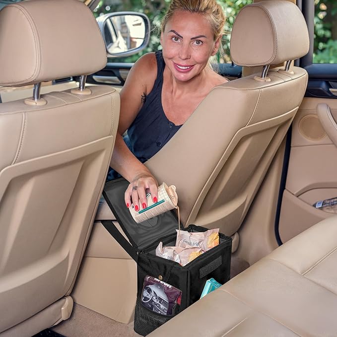 Car Trash Can [Touring Edition] - Removable Liner - 100% Leakproof, Odor Control Lid, Hanging Garbage Bin for SUV, Truck, Car (2 Gal, Black)