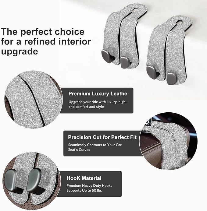 CoBak Purse Hook for Car - Universal Premium Stitched Leather and Aluminum-Magnesium Alloy Double Car Seat Back Storage Hook for Purses, Handbags, Bags (2 Pack),Silver Glitter