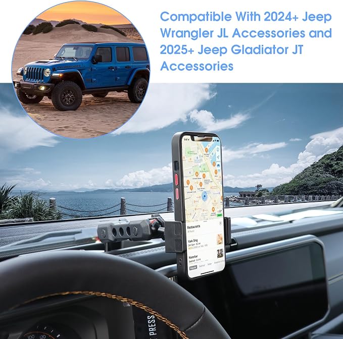 2024 2025 JL Cell Phone Mount for Jeep Wrangler - Dash Cell Phone Mount Dashboard Phone Holder for 2024+ Jeep Wrangler JL 4XE Accessories 2025+ Jeep Gladiator JT Accessories, 1 Pack, Black