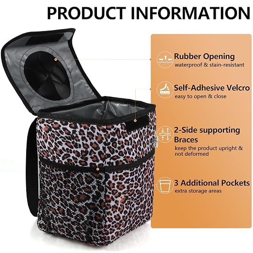 Leopard Car Trash Can with Lid & Coasters | 2 Gallon Leak-Proof Hanging Garbage Bin for Back Seat | Waterproof Storage Organizer & Cooler Bag for Road Trips, SUVs & Family Travel