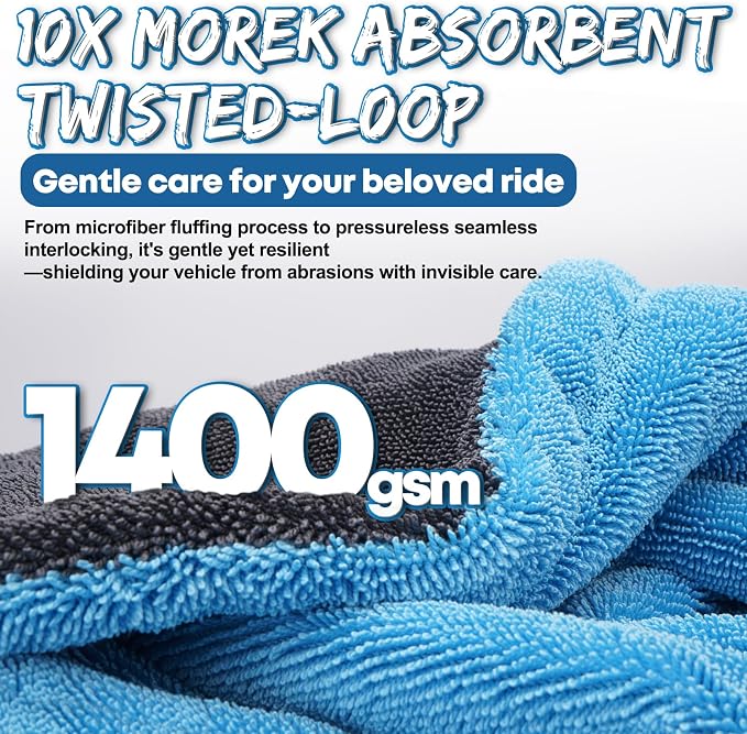 48”x24” Car Drying Towel for Full-Sized SUV, Dual Sided Microfiber Car Cleaning Towel with Twisting Yarn Technique, 1400GSM Super Absorbent Scratch-Free, Machine Washable (Dark Gray - Blue)
