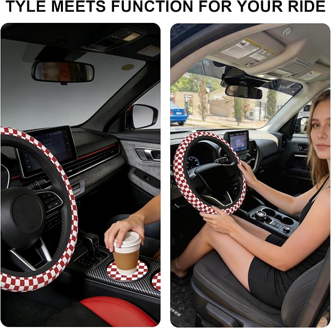 Checkered Steering Wheel Cover,Red White Checkered Universal 15" Elastic Car Steering Wheel Cover with 2 PCS Car Coasters,Anti-Slip Breathable Accessories for Auto,SUVs,Truck