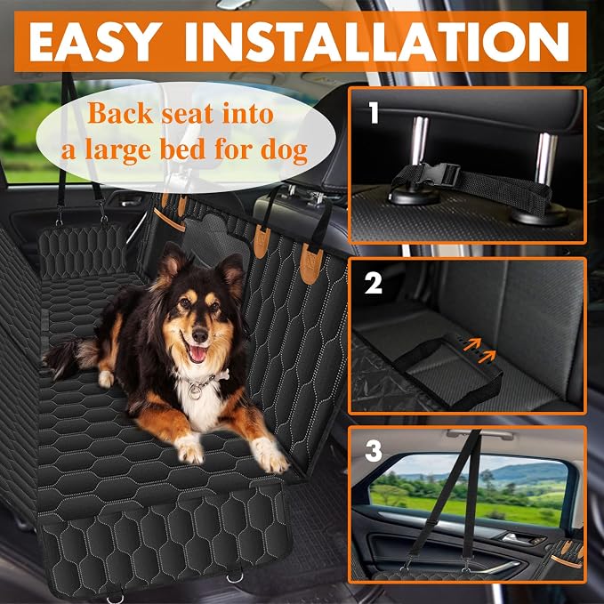 Waterproof Dog Car Seat Cover for Back Seat, Pet Hammock- S, Black/Orange | Durable waterproof hammock with nonslip design & storage pockets. Protects seats from scratches, fits cars, SUVs & trucks.