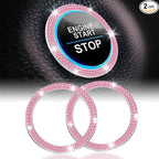 2 PCS Crystal Double Rhinestone Car Engine Start Stop Decoration Ring, Bling Car Interior Accessories for Women, Push to Start Button Cover Sticker, Automotive Decals, Pink