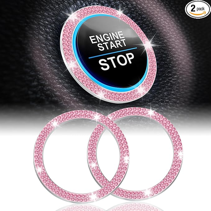 2 PCS Crystal Double Rhinestone Car Engine Start Stop Decoration Ring, Bling Car Interior Accessories for Women, Push to Start Button Cover Sticker, Automotive Decals, Pink