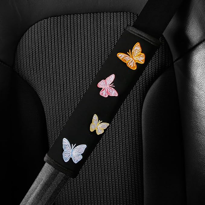 Embroidery Cute Steering Wheel Cover Butterfly Decor+Center Console Cover+Belt Cover,Anti-Slip,Sweat Absorption,3pcs
