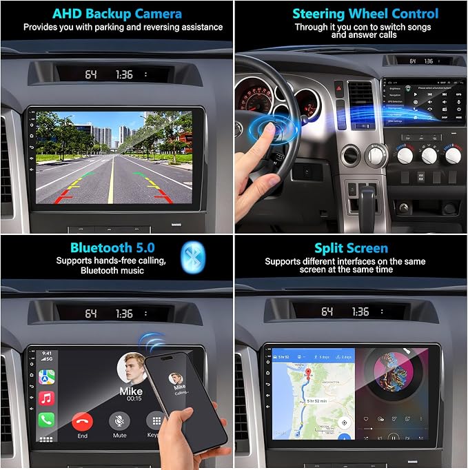 8-core 4+64G Car Stereo Radio for Toyota Tundra 2007-2013, for Toyota Sequoia 2008-2018, 10" IPS HD Touch Screen Radio with Wireless CarPlay/Android Auto/WiFi/GPS/Bluetooth/FM/SWC/Backup Camera/Mic