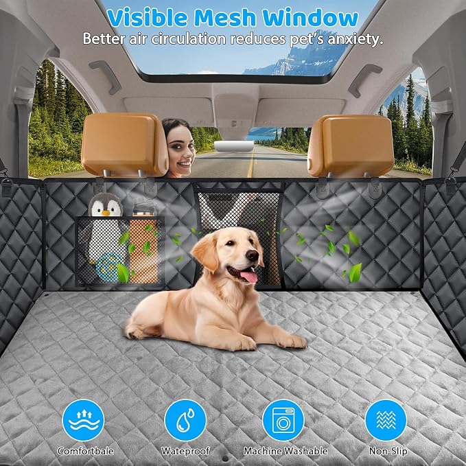 2026 Upgraded Back Seat Extender for Dogs - Large Hard Bottom Dog Car Seat Cover Holds 550lbs, Waterproof Dog Hammock Pet Bed with High-Density Foam Non-Slip Backseat Protector