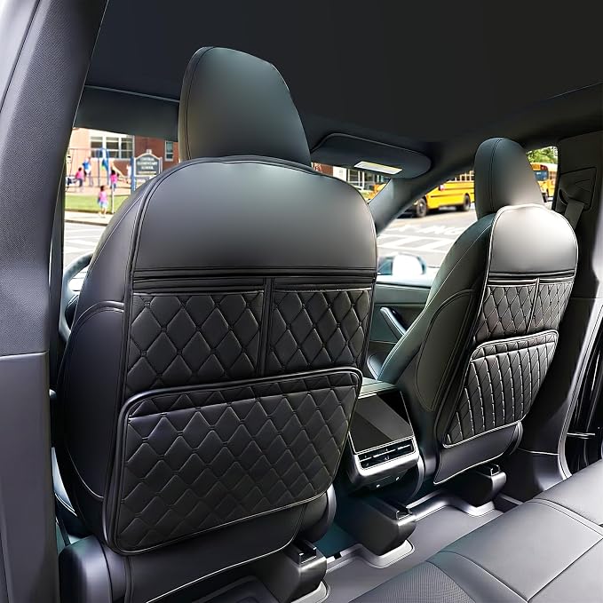 2 Pack Kick Mats Back Seat Protector, Seat Back Protector for Back of Front Seats Against Dirt, Scuffs & Scratches, 3 Storage Pockets, Easy to Clean, Black
