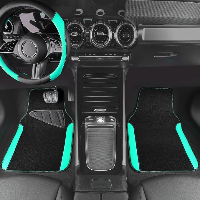 Faux Leather Steering Wheel Cover and Waterproof Car Floor Mats,Universal Car Combo Fit for 95% Sedan,SUV,Cars,14.5-15inch Sporty Anti-Slip Safety Comfortable Design(Black＆Mint)