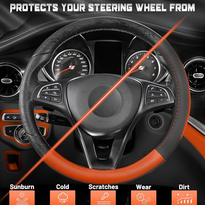 Steering Wheel Cover for Car, Standard Size 14.5-15 inch, Auto Interior Accessories, Black and Orange