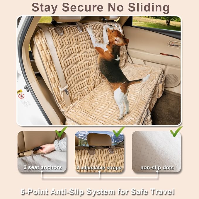 Dog Car Seat Cover for Back Seat, Soft Plush Waterproof Pet Protector with Non-Slip Bottom, Full Coverage Bench Cover Against Hair, Dirt and Scratches for Cars SUVs and Trucks (Tan, Back)