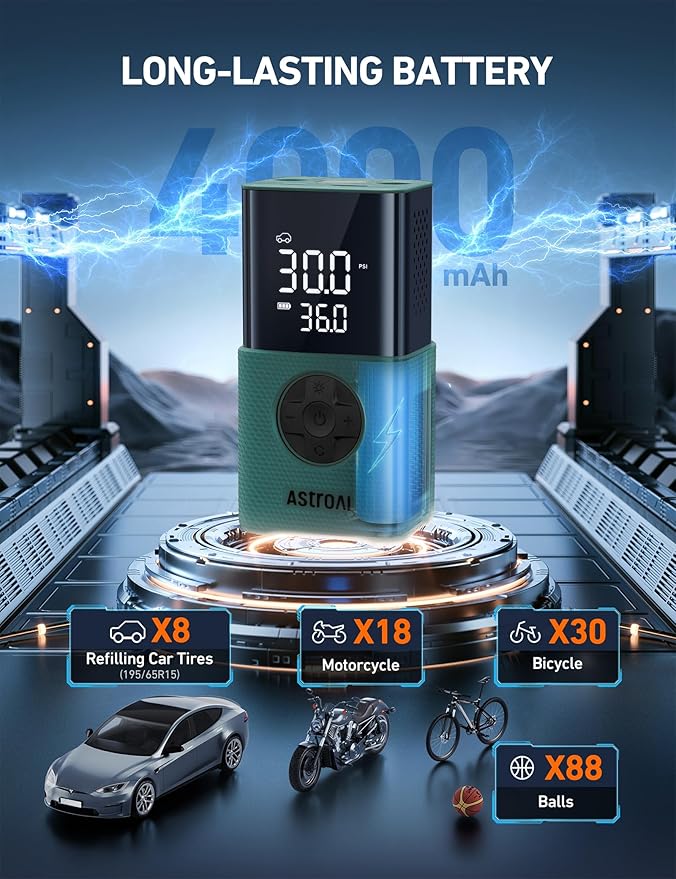 L7S Tire Inflator Portable Air Compressor Cordless with Digital Pressure Gauge, 150 PSI LED Light Bike Air Pump with Fast Inflation & Auto Shut-Off for Car Tires,Motorcycles,Bikes,Balls,Green
