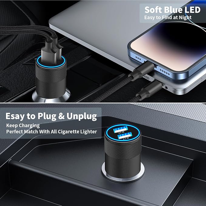 【MFi Certified】iPhone Car Charger Fast Charging, 4.8A Dual USB Smart Power Cigarette Lighter USB Car Charger with 2Pack Lightning Braided Cable for iPhone 14 13 12 11 Pro XS Mini XR X SE iPad