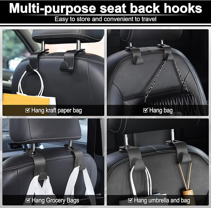 Car Seat Headrest Hook, Auto Seat Hook Hangers Storage Organizer Interior Accessories for Purse Coats Umbrellas Grocery Bags Handbag, 4-Pack