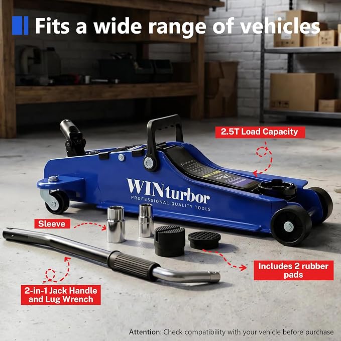 2.5T Floor Jack, 5500 lbs, 3.35"-14.96" Lift, Tire Kit, Pads, Sockets & Bag | Steel jack, 3.35"-14.96" lift. 360° swivel handle, rear casters. Includes tire kit, 2 rubber pads, 2 sockets & bag.