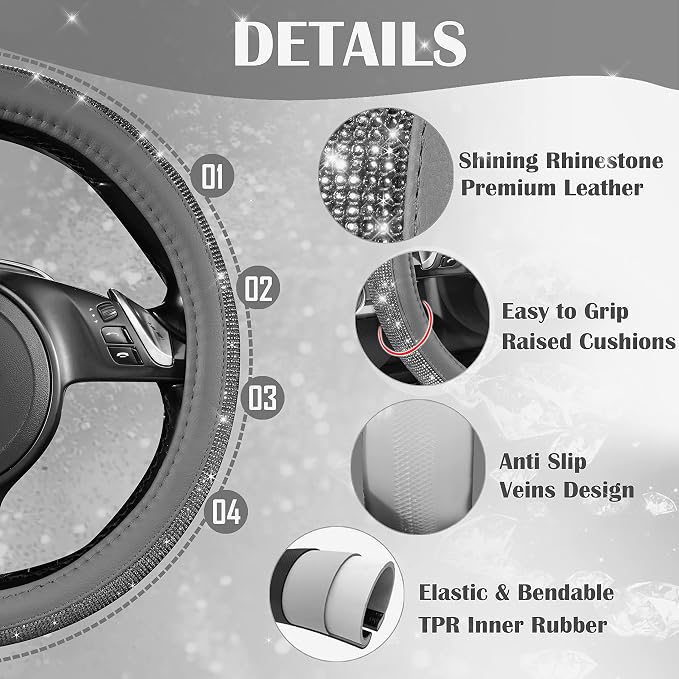 Bling Diamond Leather Steering Wheel Cover, with Bling Sparkly Crystal Glitter Rhinestones Universal Fit 14" 1/2-15" Car Wheel Protector for Women Girl Fit Suvs,Vans,Sedans,Cars,Trucks, Gray