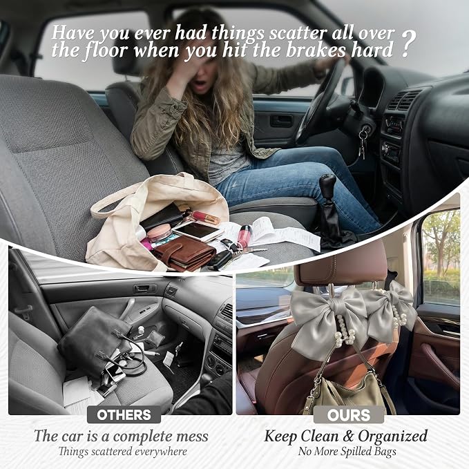 2PCS Satin Bow Pearl Car Seat Headrest Hooks – Car Bag Holder & Vehicle Hanger for Purses – Cute Coquette Aesthetic Interior Decoration – Cute Auto Organizer Accessories Universal (Moonlight Grey)