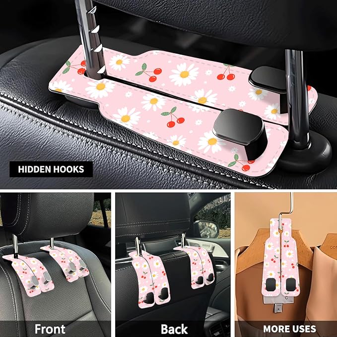 Car Seat Headrest Hook, Universal Leather Cute Hanger Holder Hook, Storage Organizer Interior Accessories for Purse Bags Handbag Cute Daisy Cherry
