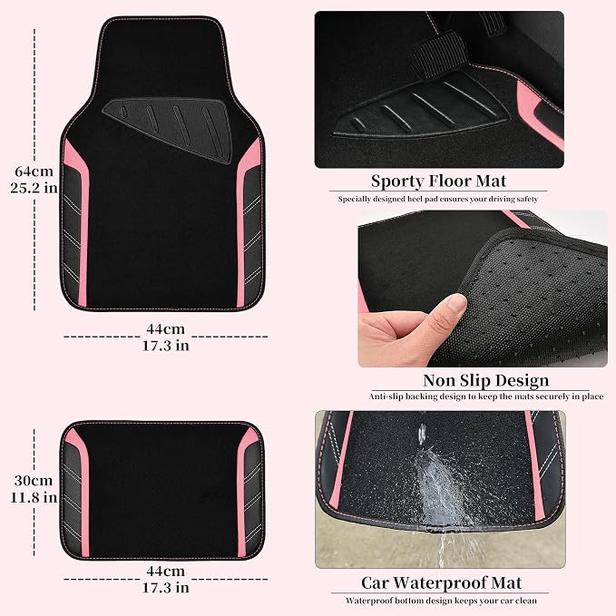 Microfiber Steering Wheel Cover and Waterproof Car Floor Mats,Leather Universal Car Combo Fit for 95% Truck,SUV,Cars,14.5-15inch Sporty Anti-Slip Safety Comfortable Design(Black and Pink)