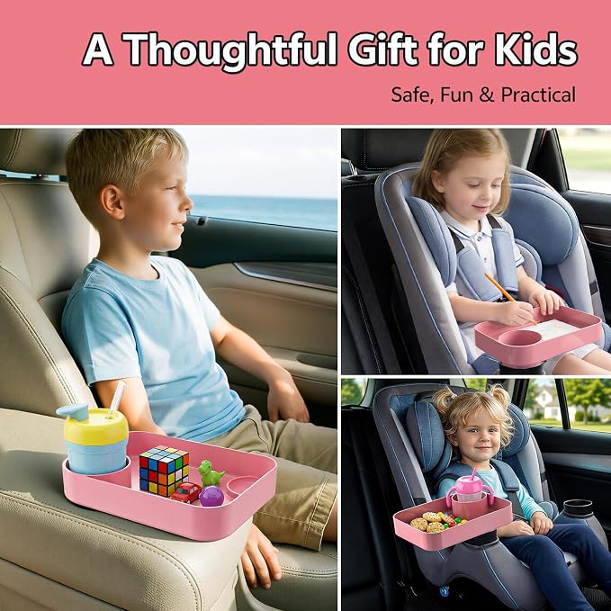 Car Seat Snack Tray for Kids Toddler Travel,Cup Holder Expander for Car,Toddler Travel & Road Trip Accessory for Mess-Free Snacking in The Car (Pink)