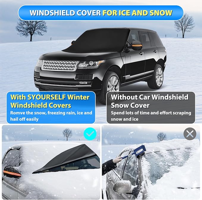 Windshield Cover for Ice and Snow, 600D Oxford Windshield Snow Cover with Side Mirror Covers Magnetic Car Cover for Snow Frost Winter Windshield Covers Fits Car Truck Van SUV (77x 47 Inches)