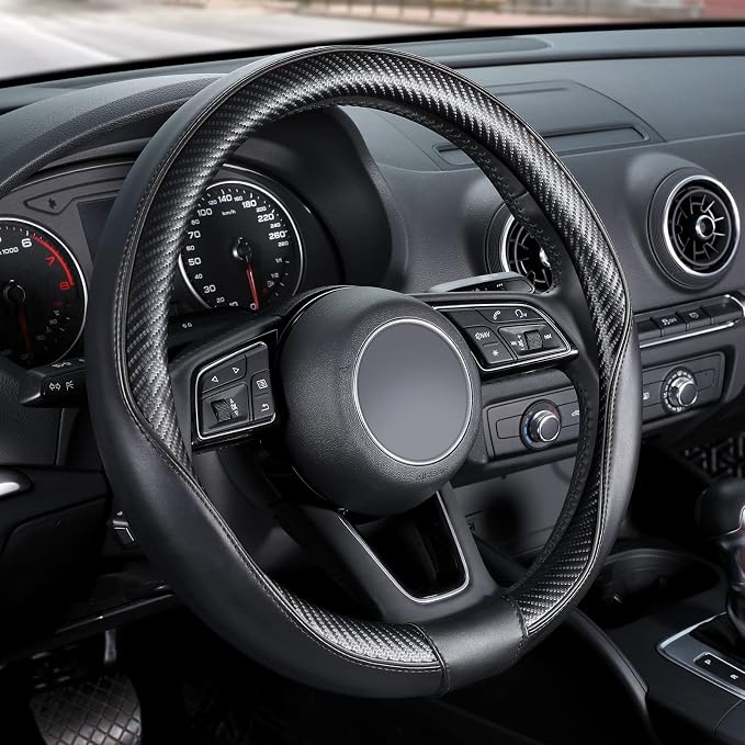 Car Steering Wheel Cover Small-Size for Prius Civic Model 3 Model Y Camaro Rogue with 14"-14 1/4" Outer Diameter Leather with Carbon Fiber Pattern Black