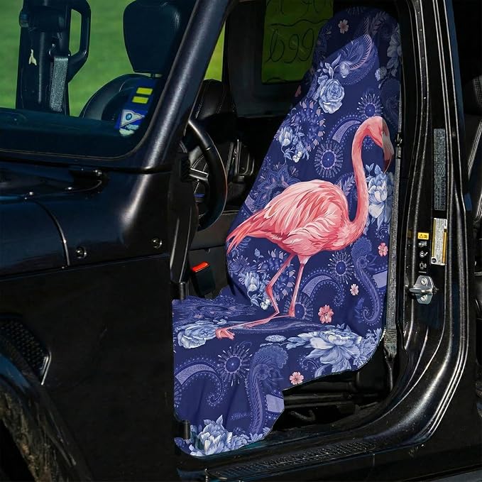 2 Pack Car Seat Towel Covers, Sweat-Proof Microfiber Seat Protectors for Gym, Running, Beach & Workout, Breathable Quick-Dry, Machine Washable, Pink Flamingo Print, Universal Fit