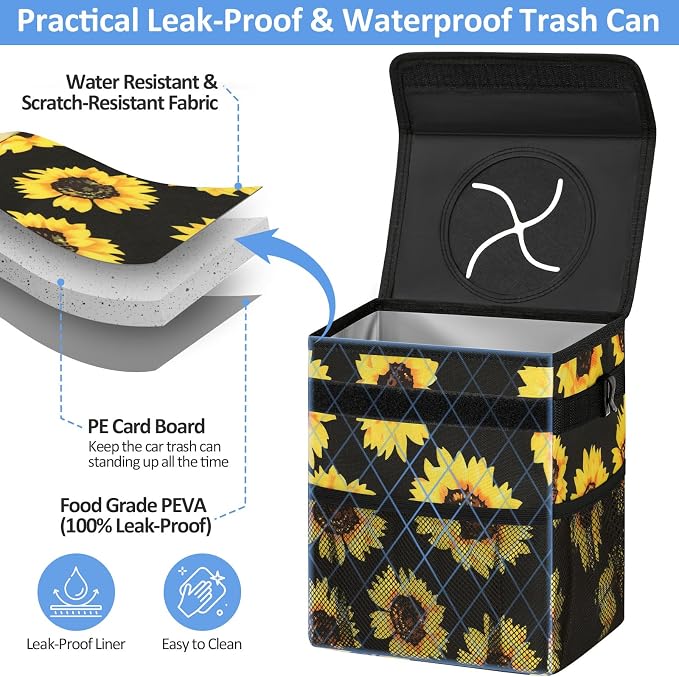 Car Trash Can Bin for Back Seat Leak Proof, Cute Car Trash Bag Hanging, Vehicle Trash Can for SUV Truck Van, Automotive Garbage Cans Front Seat Sunflower Floral