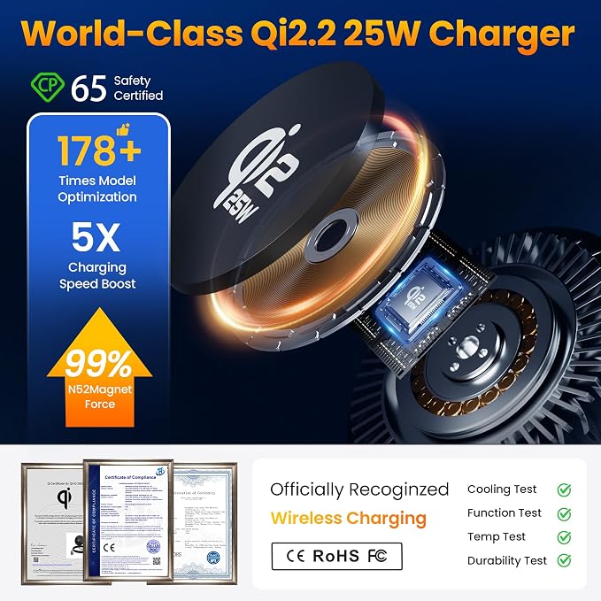 Upgrade [for Qi2.2-Certified] 25W for MagSafe Wireless Car Charger Mount, 2XFast Charging[90+LBS Safe Suction] Magnetic Phone Holder Dashboard Windshield for iPhone 17/16/15/14/13/12 Pro Max,Inky