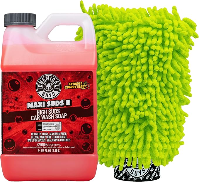 Maxi Suds II Cherry Scent Car Wash Soap and Chenille Microfiber Wash Mitt Bundle, High Foam Shampoo for Foam Cannons, Guns, and Buckets, Safe for All Paint - 64 Fl Oz