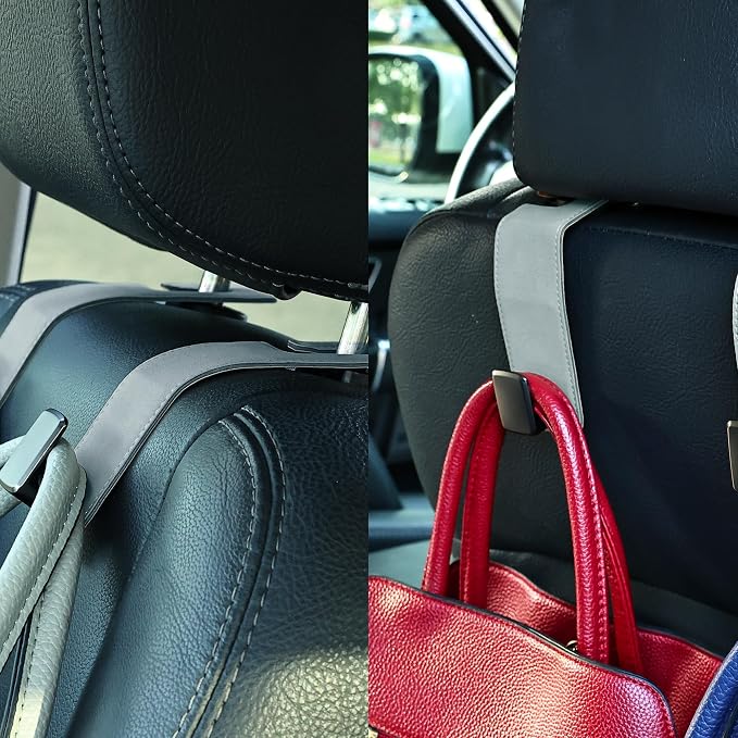 Car Seat Back Hook Metal with Suede Universal Vehicle Headrest Hangers Interior Storage Organizer for Purse Handbag Coat Grocery Bags 2 Pack Light Gray