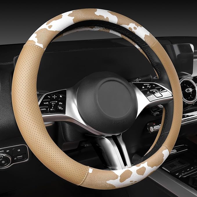 Cow Print Faux Leather Car Seat Covers & Cow Car Mats & Cow Steering Wheel Cover Seat Belt Pads Universal fit for SUV,Van,Saden,Truck Cute Car Accessories Automobile Interior Sets All Beige
