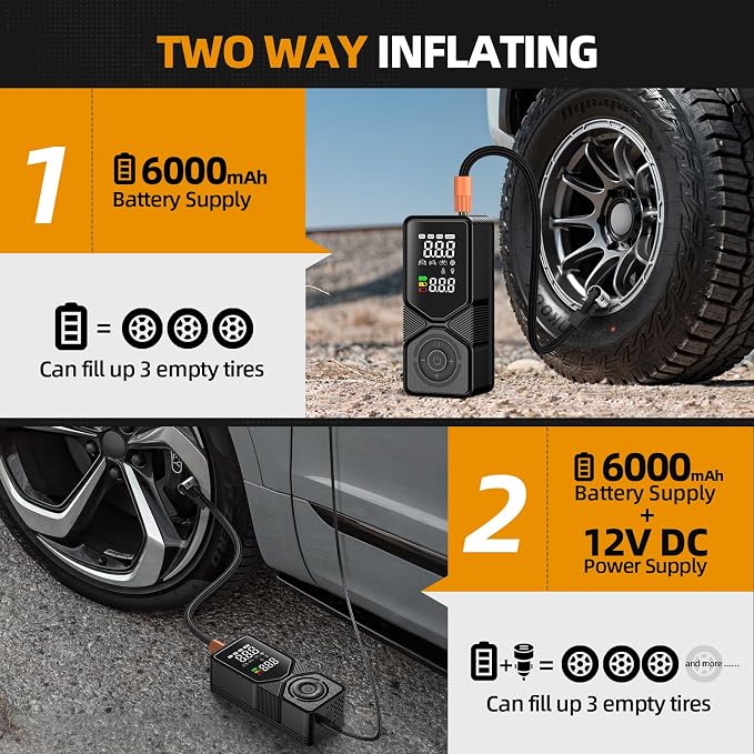 Portable Tire Inflator 150 PSI Cordless Air Compressor | 6000mAh Power Bank, 12V DC Dual Supply, Auto Shut-Off Digital Gauge, Adapters for Car, SUV, Motorcycle, Bike, Ball