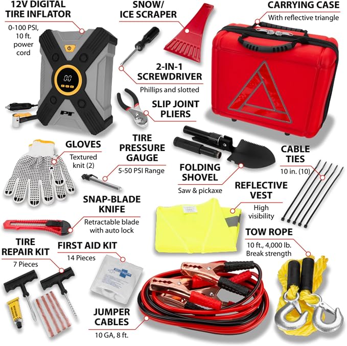 E00014 44 pc. Premium Roadside Assistance Kit, Featuring Vortex 12V Digital Tire Inflator, Booster Cables, Tow Rope, Shovel, First Aid Kit, Safety Triangles, Tool Kit and Case