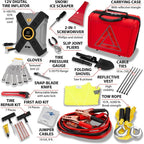 E00014 44 pc. Premium Roadside Assistance Kit, Featuring Vortex 12V Digital Tire Inflator, Booster Cables, Tow Rope, Shovel, First Aid Kit, Safety Triangles, Tool Kit and Case