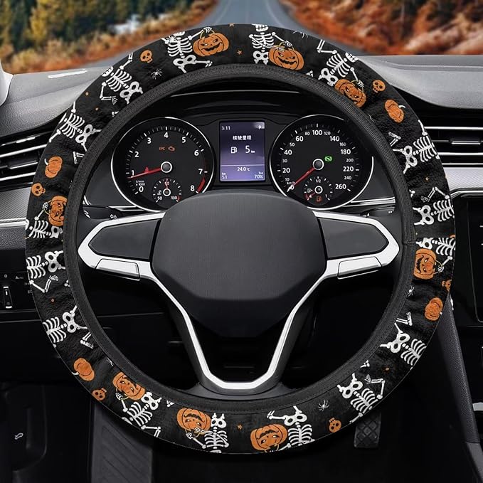 Universal Fit Car Steering Wheel Cover Stretch-on Comfortable Grip | Funny Skull Pumpkin Print, Sweat Absorption Comfort Grip for Driver Women Men, Halloween Decor