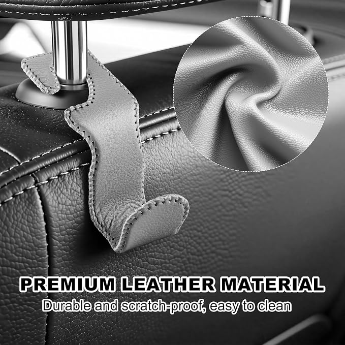 Car Seat Hooks for Purses and Bags, 2 Pack Car Purse Holder for Grocery Bag Handbag Clothes, Metal Headrest Hooks Covered by Leather, Gray