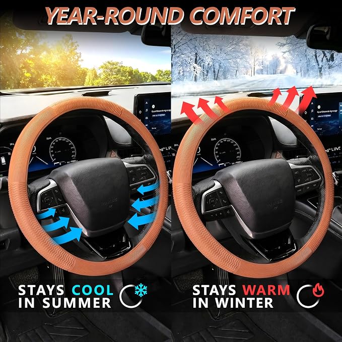 Car Steering Wheel Cover for Men Women, Non-Slip Silicone Sporty Wave Design Auto Interior Accessories, Universal Fit 14 15 16 Inch Round & D-Shape Wheels, Bright Orange