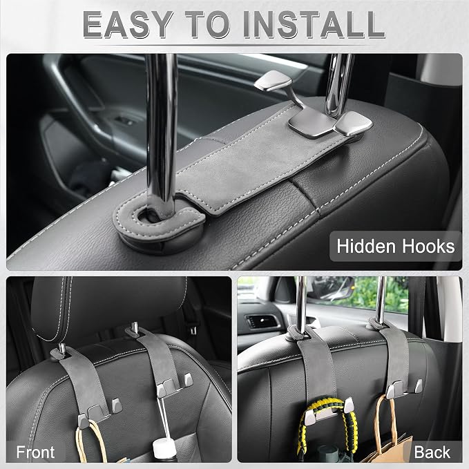 Car Seat Headrest Hook, Premium Suede Double Hook 2 Pack, Universal Hanging Accessories for Purse, Bag, Groceries - Car Interior Accessories (Gary)