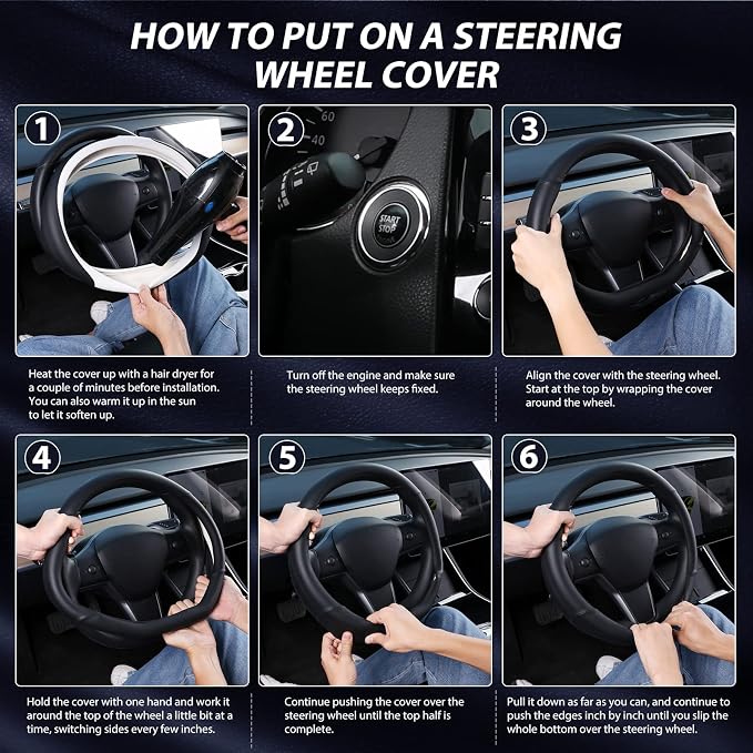 Flat Bottom Steering Wheel Cover, D Shaped Car Wheel Cover 14-14 1/4 in. (35.5-36 cm), for Tesla Model 3 / Y, for Camaro, Black Microfiber Leather