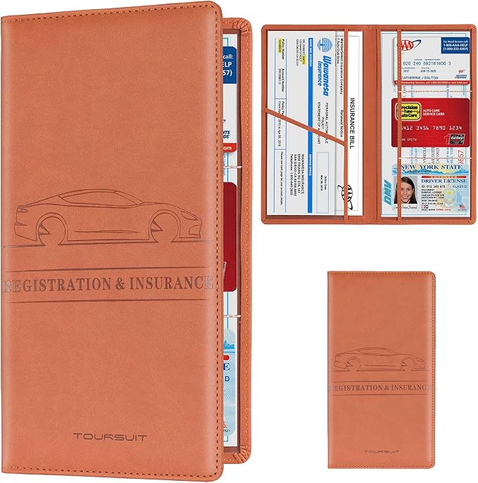 Car Registration and Insurance Card Holder, Vehicle License Document Glove Box Compartment Organizer, Interior Car Accessories for Women Men (Brown)