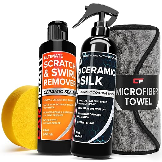 Scratch & Swirl Remover with Ceramic Silk – Car Scratch Remover for Vehicles Paint Repair with Ceramic Coating Spray – Polishing & Washing Kits with Applicator Pad & Microfiber Towel
