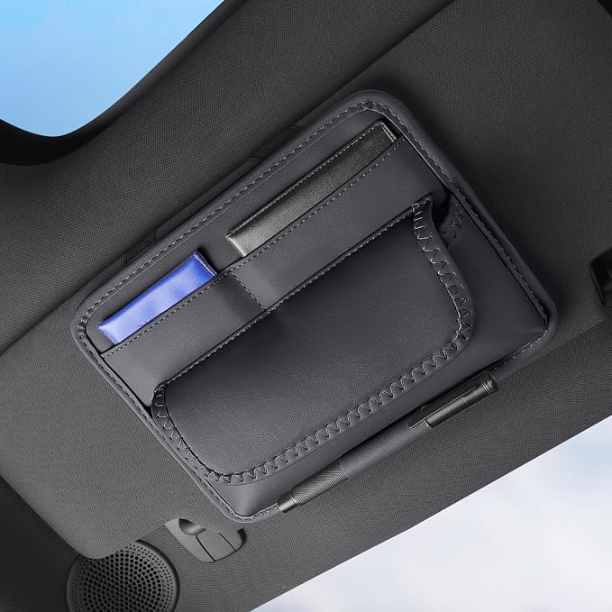 Car Visor Organizer – Sun Visor Storage Pouch Holder for Vehicle Truck SUV, PU Leather Auto Interior Accessories for Registration Document, Gas Card & Sunglasses, Universal Fit (Black)