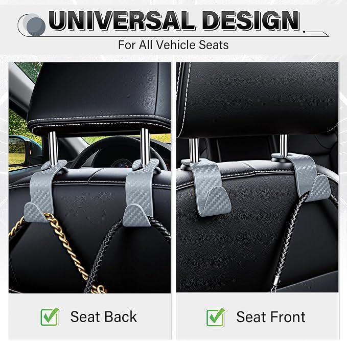 Universal 4 Pack Car Seat Headrest Purse Hook, Carbon Fiber Back Seat Hook Storage Organizer Hanger for Purse Handbag Coat, Car Interior Accessories(Gray)