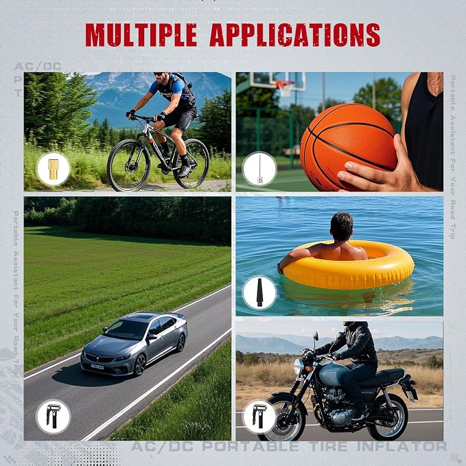 Tire Inflator Portable Air Compressor AC/DC, Automatic Tire Inflator with Gauge, 12V, 110V Small Air Compressor, Portable Air pump for Car Tires, Bikes, Motorcycles, Small inflatables
