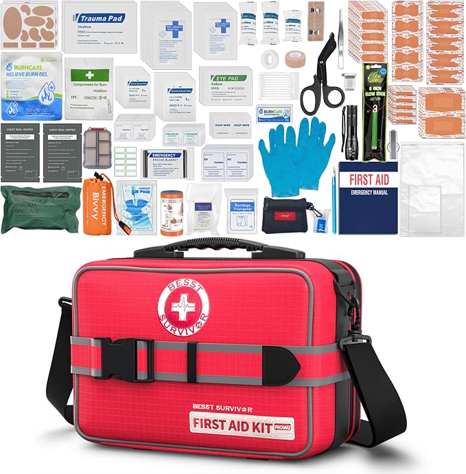 401 Pieces First Aid Kit with 2 Chest Seals & Israeli Bandage -Waterproof, Expandable Trauma Bag for Home, Car, Camping, Outdoor Emergency (Labeled Compartments, MOLLE Mountable)