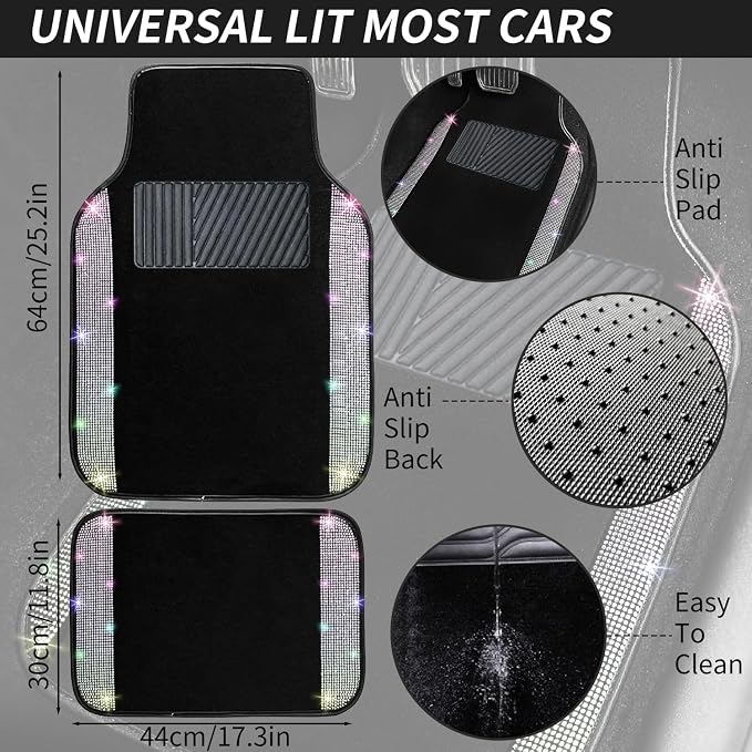 12 Pcs Bling Car Accessories Set for Women Car Floor Mats Full Set Steering Wheel Cover Seat Belt Covers Coasters Universal Fit Car SUV Truck Van Multicolor