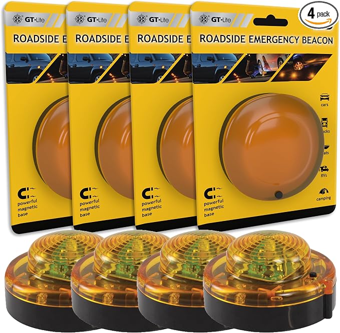 4 Pack LED Emergency Beacon Yellow,Roadside Flare,Magnetic Base,2 Modes Flash and Steady,for Car Emergency Kit or Amish Buggy,RV,Boat,Crush Resistant,Water Resistant